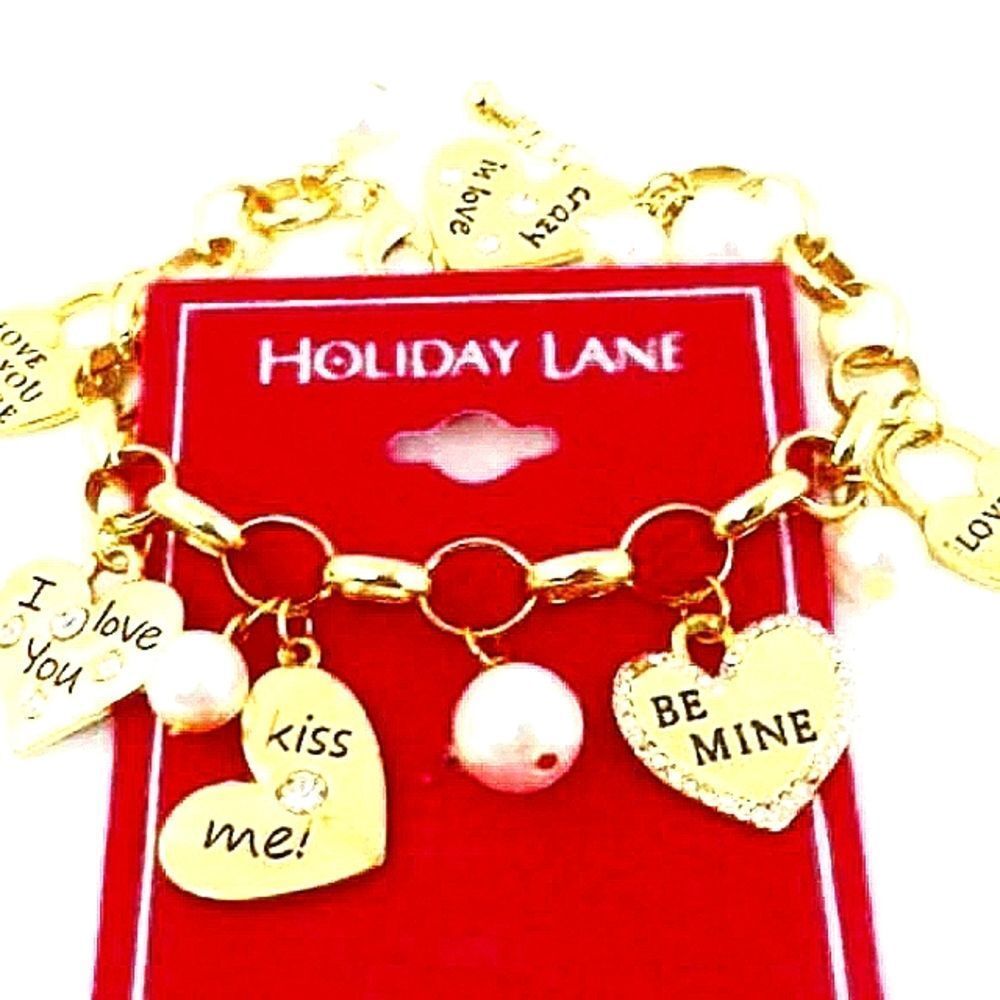 Womens Holiday Lane Pave Valentine Faux Pearl & Rhinestone Heart Charm Bracelet